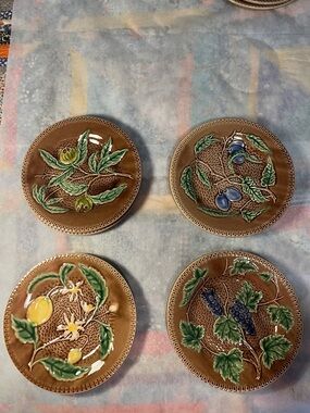 Set of 8 Embossed Fruit Motif Ceramic Plates - Brown with Green, Blue, Yellow